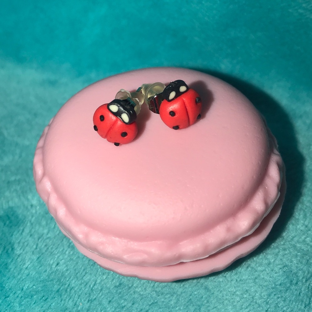 Cutesy Ladybug Polymer Earrings in Macaron Case